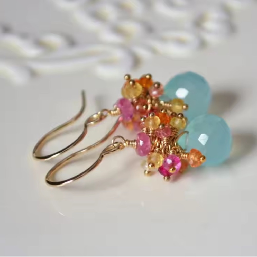 - Chalcedony Gemstone Earrings 1”-14k Gold Filled Earring Tops - Picture 2 of 6